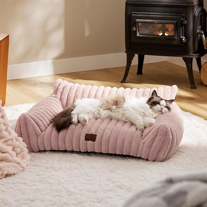 Bedsure Cute Cat Couch for Pets - Fluffy Small Dog Sofa with Premium Soft Corduroy Fleece, Pet Sofa with Removable Washable Cover, Supportive Dog Couch Bed for Small Medium Dogs, 30inch, Blush Pink