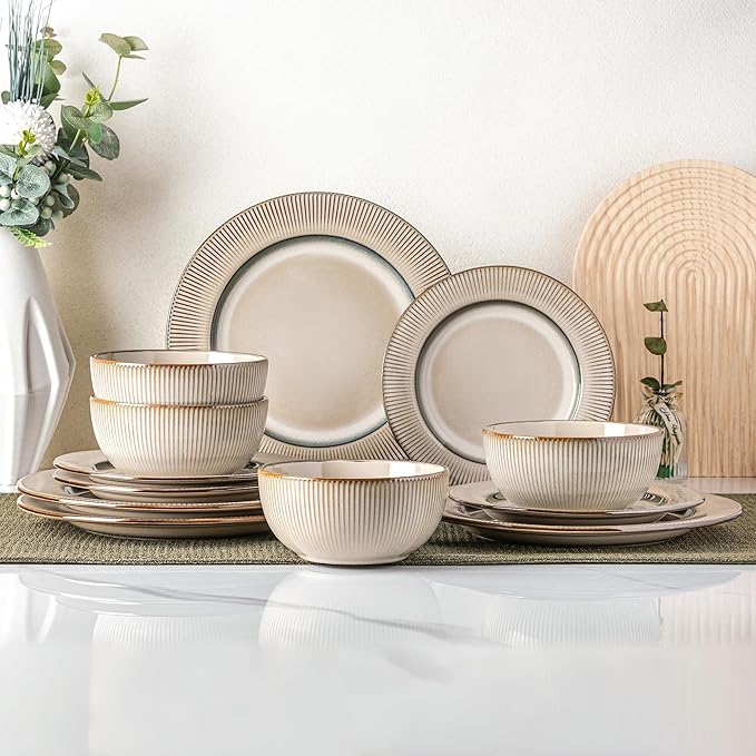 GBHOME Ceramic Dinnerware Sets,12 pcs Embossed Elegant Stoneware Plates and Bowls Sets, Housewarming Wedding Gift | Dishwasher & Microwave Safe | Dishes Set Service for 4