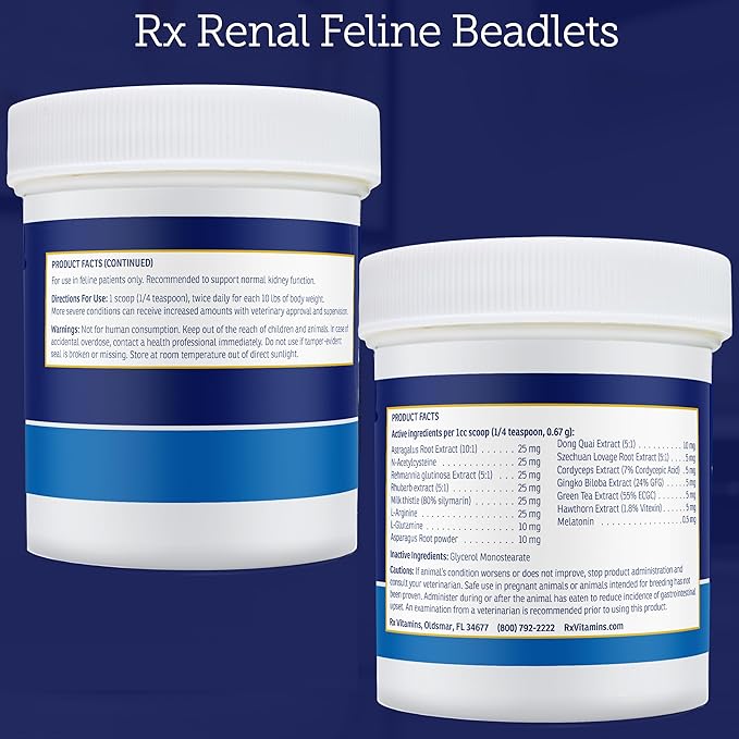 Rx Vitamins Renal Feline Beadlets - Cat Kidney Support with Astragalus Root and Milk Thistle for Cats - Supports Kidney and Immune Health in Cats - 3.52oz