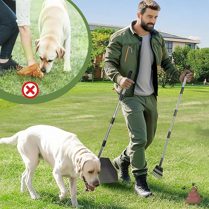 T2Y Pooper Scooper, Extra Long Handle Dog Pooper Scooper, Adjustable Stainless Steel Rake & Extra Large Tray, Antirust & Durable Poop Scoopers for Yard, Lawn, Snowfield, Suitable for Multi-Dog Family
