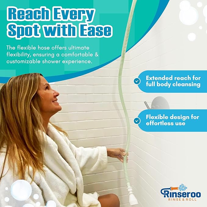 NEW Rinseroo: 5ft Slip-On Handheld Shower Attachment Hose w/Spray Head- Removable Extension Arm- Converts Fixed Shower Head into Handheld Bather. Portable, No-Install Shower Hose Wand for Seniors, RV.