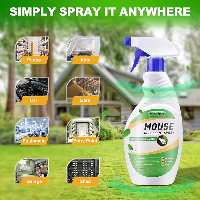 Mouse and Insect Repellent Spray 16 OZ * 2, Peppermint Oil Rodent and Insect Repellent Spray for Rodent and Mouse, Safe for Indoor, Outdoor, and Car Engines