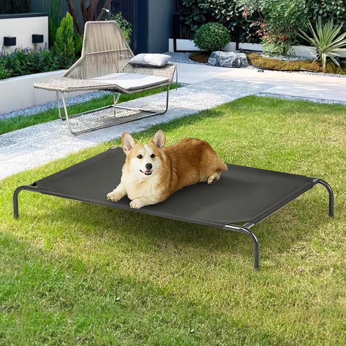 Outdoor Elevated Dog Bed, Cooling Breathable Raised Dogs Cot Beds for Large Dogs, Outside Portable Pet Hammock, Black Metal Frame, Skid-Resistant Feet, Easy Clean, Indoor Outdoor Use,51.1×31.5×7.4 in