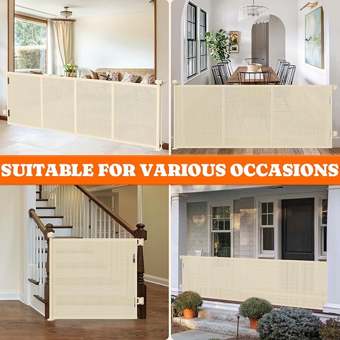 Upgrade 200" Retractable Baby Gates Extra Wide with Reinforced Strips, Mesh Retractable Dog Gate for Garage, 41" Tall Retractable Gate Indoor Outdoor for Pet and Baby-Beige