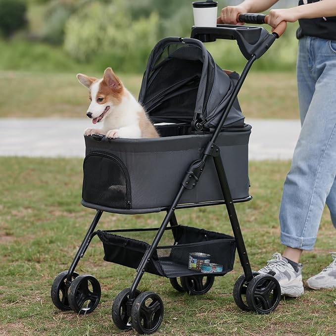 3 in 1 Pet Stroller with Removable Carrier, Folding Stroller for Small/Medium Dogs and Cats, Waterproof, All-Terrain, with Sun Shades, Car Seat