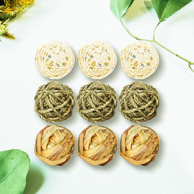 9 Pcs Small Animals Play Balls Rolling Activity Chew Toys Gnawing Treats for Rabbits Guinea Pigs Chinchilla Bunny Natural Balls, Pet Cage Entertainment Accessories (9 Pcs)