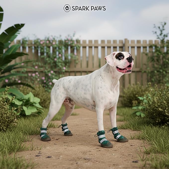 Spark Paws Dog Shoes, Waterproof Dog Boots for Medium to Large Dogs, Non Slip, Breathable Dog Booties and Paw Protectors - 4PCS Doggie Hiking Boots with Reflective Straps, Green Camo, Size 4