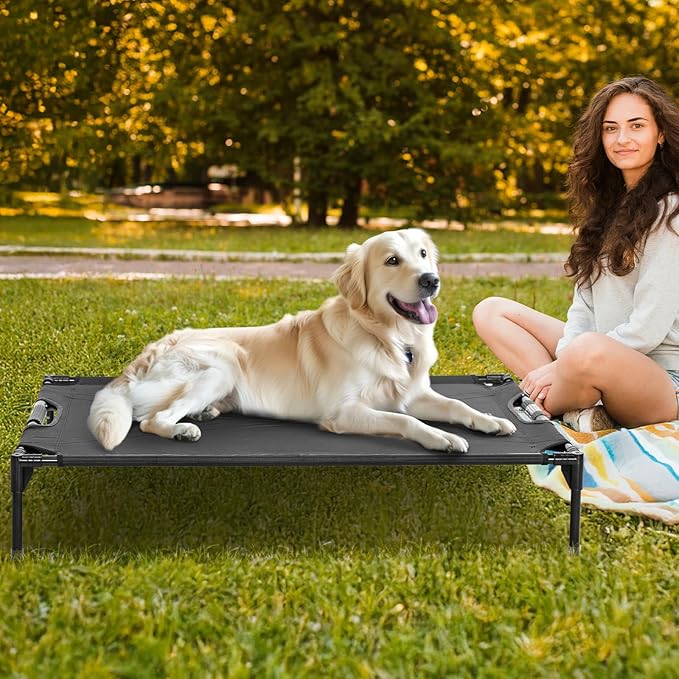 Petsfit Cooling Elevated Raised Dog Bed- Outdoor Pet Cot for Large Dogs, Upgraded Adjustable Firmness Pet Bed,Dog Hammock Bed with Durable Breathable Teslin Mesh,Non Slip, Black 48”