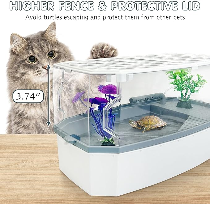 Hamiledyi Acrylic Turtle Aquarium Kit with Lid, Water Pump, Basking Platform, Bottom Drainage, Multi-Function Area Habitat for Turtles, Crabs, Crayfish, Tortoises