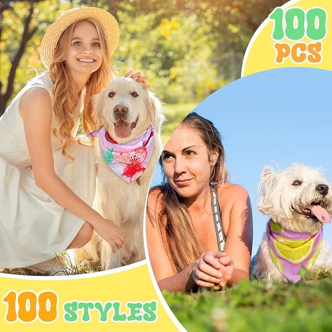 100 Pcs Hawaiian Dog Bandanas Bulk Pet Bibs Colorful Triangle Scarf Pet Bandanas for Medium Large Dogs Hawaiian Summer Luau Party Birthday Costume Decor
