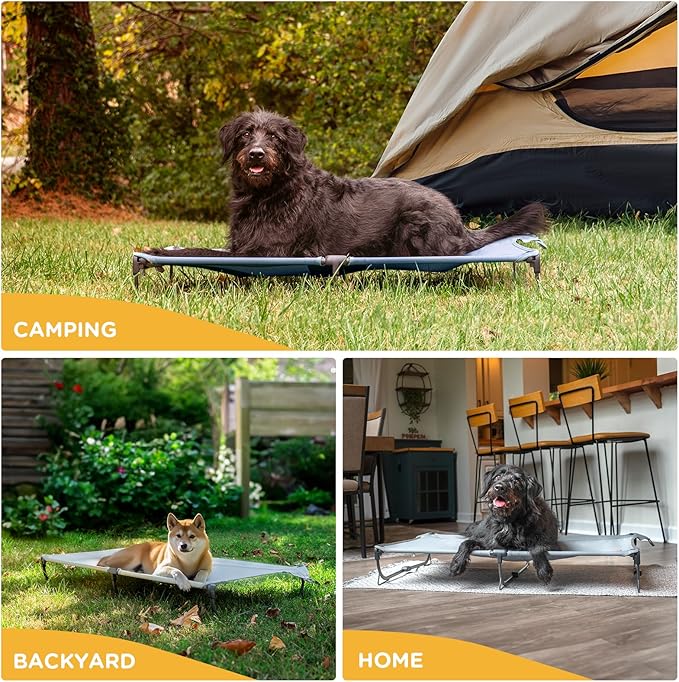 Daisy Cot, Large Foldable Elevated Dog Bed, Portable Raised Outdoor Folding Dog Cot, Cooling, Chew Proof, Waterproof, Heavy Duty Up to 160 lbs for Camping/Home, Grey, 43"x 27"x7"