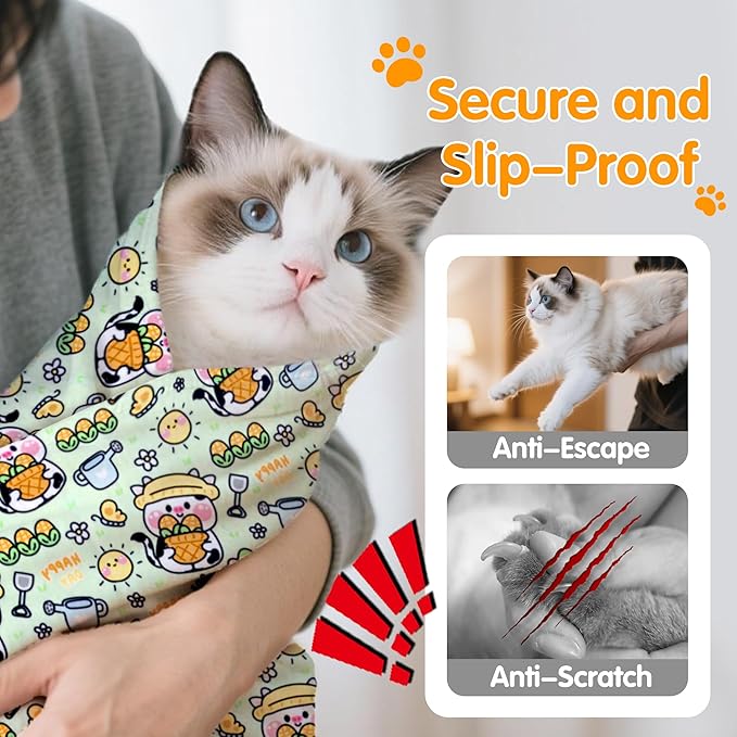 27.6" Large Cat Grooming Wrap, Cat Grooming Supplies, Cat Wrap for Cutting Nails, Self-Adhesive Cat Grooming Bag for Cats Within 15lbs Cat Restraint for Nail Clipping, Medicine Taking(Green)