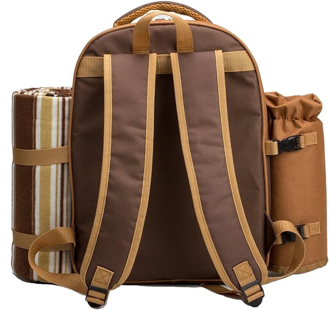 Apollo Walker Picnic Backpack Bag for 4 Person with Cooler Compartment,Wine Bag, Picnic Blanket(45"x53"),Best for Family and Lovers Gifts (Brown)