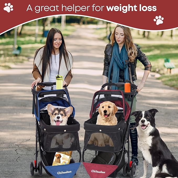 Pet Stroller,Dog Stroller for Small Medium Dogs Cats,3 Wheels,Foldable,with Breathable Mesh Canopy,Cup Holders,Easy Assembly,Red+Black