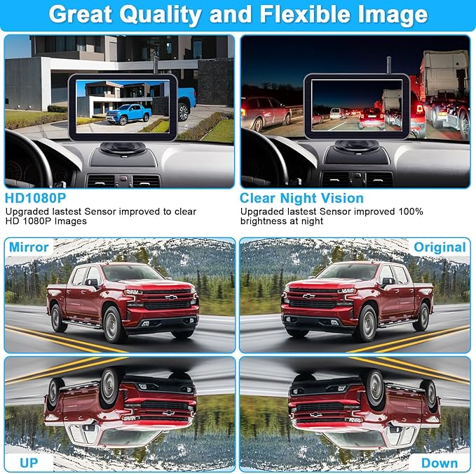 7-Inch Wireless Backup Camera for Truck - 2 Channel, DIY Grid Lines, HD 1080P, Night Vision, IP69K Waterproof, Backup Camera for Truck, Pickup, Trailer, Cars - Parking Safety & Towing Assistance