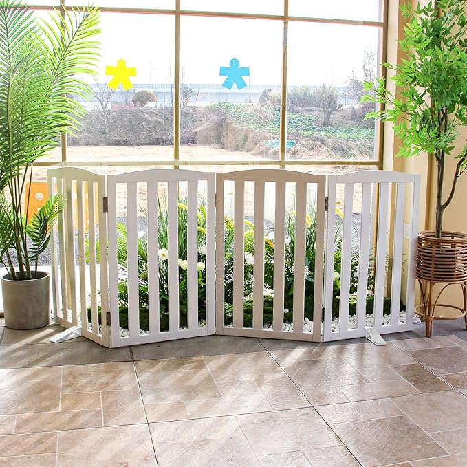 ZJSF Foldable Freestanding Indoor Dog Gate for House Wood White Long Pet Gates Dog Fence for Stairs Puppy Gates for Hallways,Pet Fence, Puppy Gate,Support Feet Included 24 "Height-3 Panels