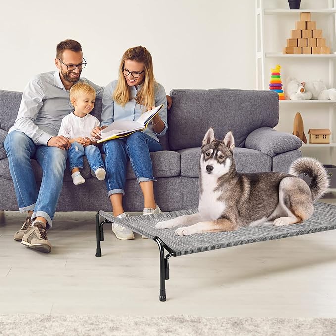 Veehoo Outdoor Elevated Dog Bed, Raised Dog Cot for Large Dogs, Cooling Washable Waterproof Pet Hammock Beds with Slope Headrest, Breathable Mesh and Sturdy Frame, Large, Black Silver, CWC2204