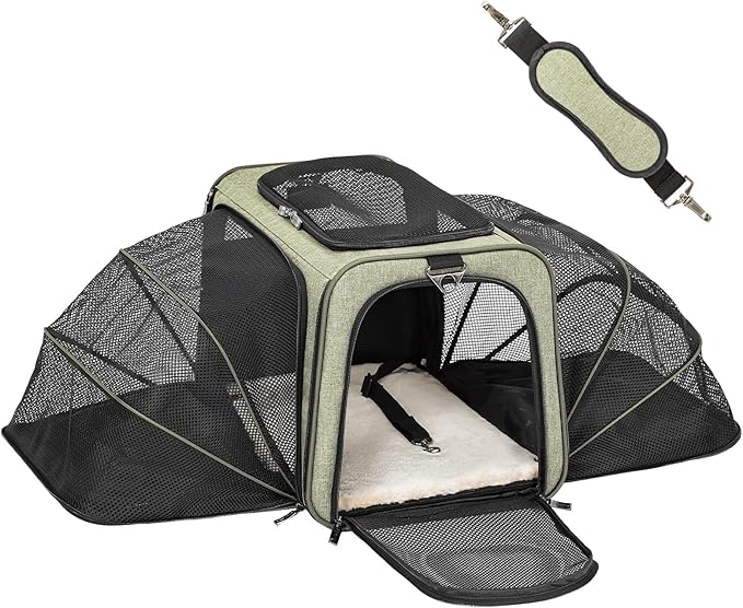 Petsfit Expandable Cat Carrier Dog Carrier, Soft-Sided Portable Pet Travel Carrier, Removable Soft Plush mat and Pockets, Locking Safety Zippers, 19x12x12 Inches