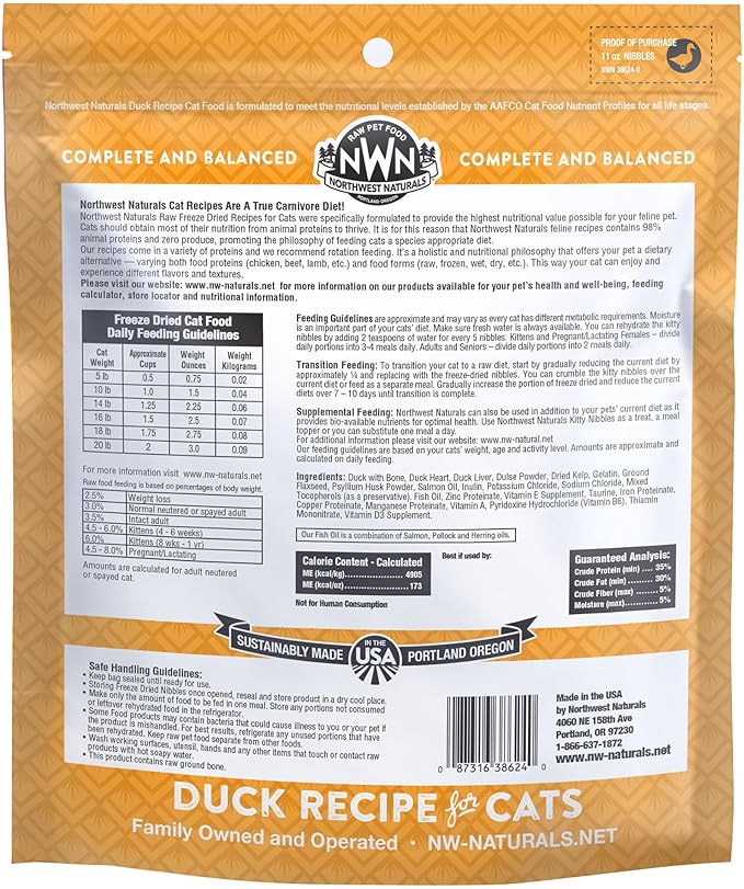 Northwest Naturals Freeze-Dried Duck Cat & Kitten Food – Bite-Sized Nibbles – Healthy, Limited, Human-Grade Ingredients, All-Natural, High-Protein – Complete & Balanced, Grain-Free – 11 oz (Pack of 3)