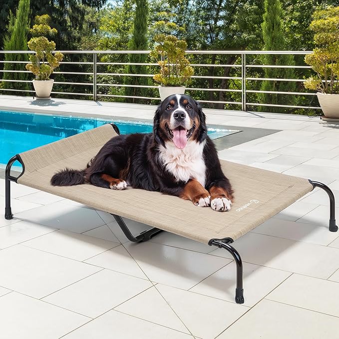 Veehoo XXXL Original Elevated Dog Bed - Outdoor Raised Dog Cots Beds for Large Dogs, One-Sided Extra Large Raised Cooling Pet Bed Off Ground, Non-Slip & Breathable, Beige 53" L x 33" W x 7.9" Th