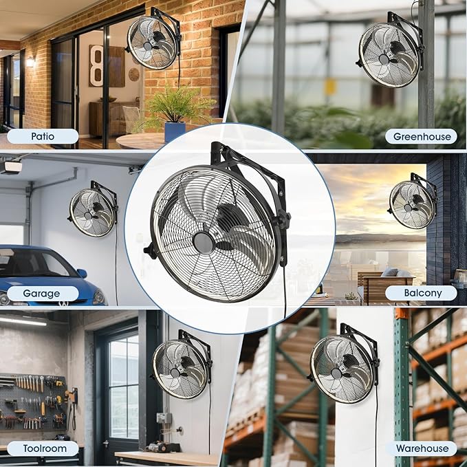 20 inch Wall Mount Fan with Lights and Remote,6-Speed Gazebo Ceiling Fan Adjustable Tilt Dimmable Wall Fan,High Velocity Industrial Outdoor Fans for Patio,Garage,Commercial,Black