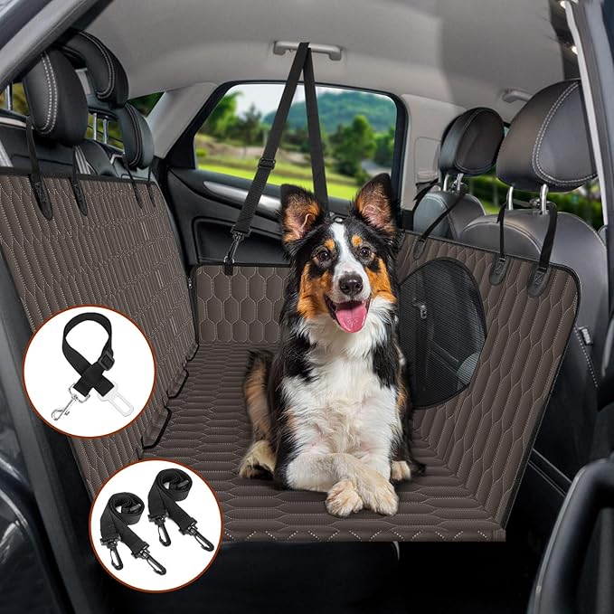Waterproof Dog Car Seat Cover - Scratch Proof Nonslip Back Seat Hammock with Mesh Window & Storage Pocket for SUVs/Trucks/Sedans-S, Brown/Black