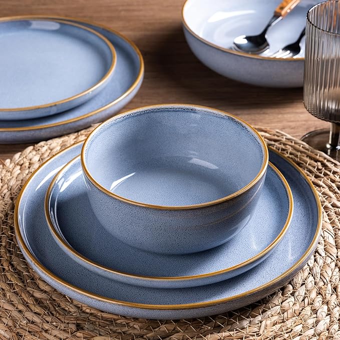 GBHOME Ceramic Dinnerware Sets for 8, 24 Pieces Stoneware Plates and Bowls Sets, Scratch Resistant Dishes, Dishwasher & Microwave Safe, Reactive Glaze-Brunnera Blue