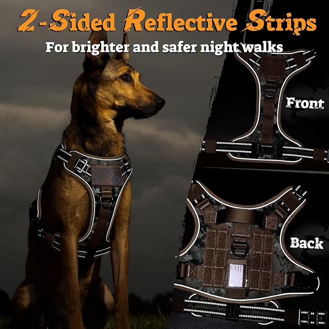 rabbitgoo Dog Harness Small Sized No Pull, Tactical Service Pet Vest with Molle and Control Handle, Adjustable and Reflective Military Harness for Easy Walking and Training, Brown camo, S