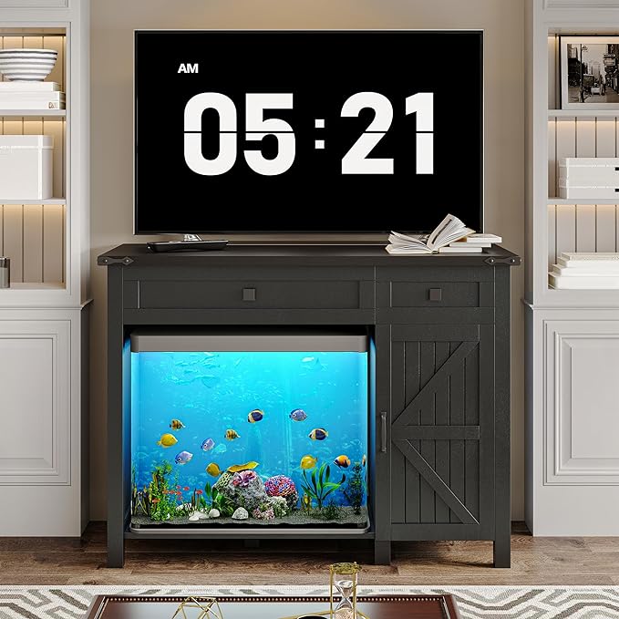40 Gallon Aquarium Stand With Charging Station, Farmhouse Fish Tank Stand, Reptile Tank Stand Terrarium Stand with Drawer and Cabinet Storage, Sturdy Heavy Duty 41.9"×18.3" Tabletop - Black
