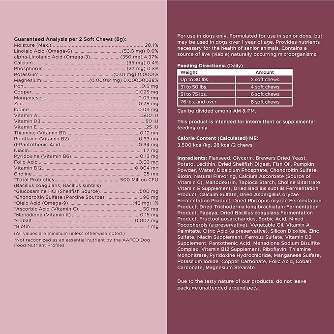 12-in-1 Multivitamin for Senior Dogs - 120 Senior Dog Vitamin and Supplement Soft Chews for Hip and Joint - Advanced Formula with Glucosamine, Omega 3,6,9, Vitamins, Probiotics - Made in The USA