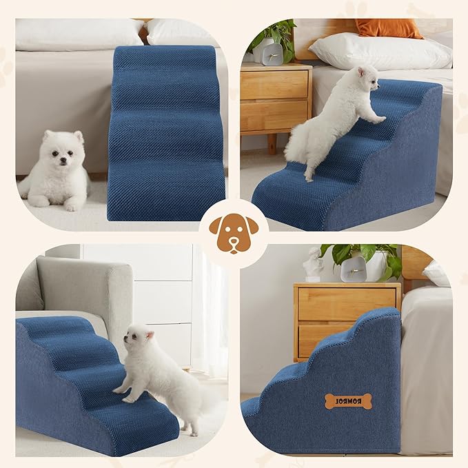 Dog Stairs, Romrol Dog Steps Ramp for High Bed and Couch, Dogs Ramp with Durable Non-Slip Waterproof Fabric Cover, Pet Stairs for Small Dogs and Cats or Pets Joints, 4-TiersDusty Blue