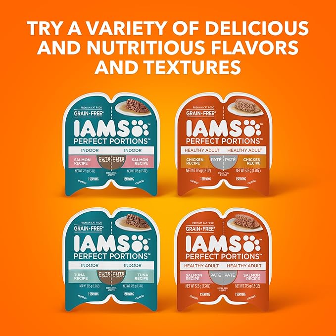 IAMS Perfect Portions Indoor Adult Wet Cat Food Cuts in Gravy Variety Pack, Salmon and Tuna Recipes, 2.6 oz. Easy Peel Twin-Pack Trays (12 Count, 24 Servings)