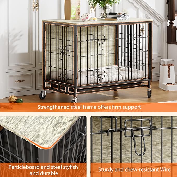 Dog Crate Furniture, 32.5" Wooden Dog Crate Furniture Side End Table, Indoor Kennel with Double Doors, Dog Crates for Medium Dogs, Grey