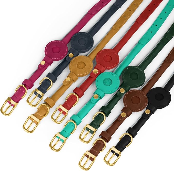 OOPSDOGGY Rolled Leather Dog Collar with Airtag Holder - Reflective Round Airtag Dog Collar - Soft Tracking Pet Collar for Small Dogs Puppy Cats Kitten (Camel, XXL, 20"-24")