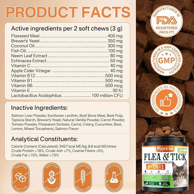 4-in-1 Flea Treatment for Cats Chewable, Natural Cat Flea and Tick Prevention Chewable Supplement for Skin & Coat | Immunity Support | Digestive | Flea & Tick Treatment for All Breeds & Sizes
