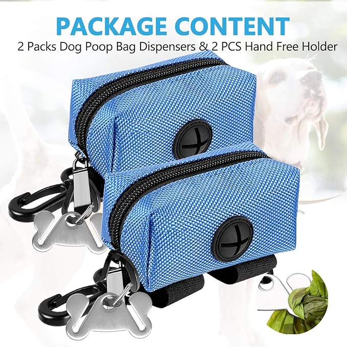 Dog Waste Bag Dispenser Pet Poop Bags Holder for Doggie Waste Bags Dispensers Soft Fabric Zipper Small Doggy Puppy Pouch for Leash Accessory Attachment with Carrier,2PCS Blue