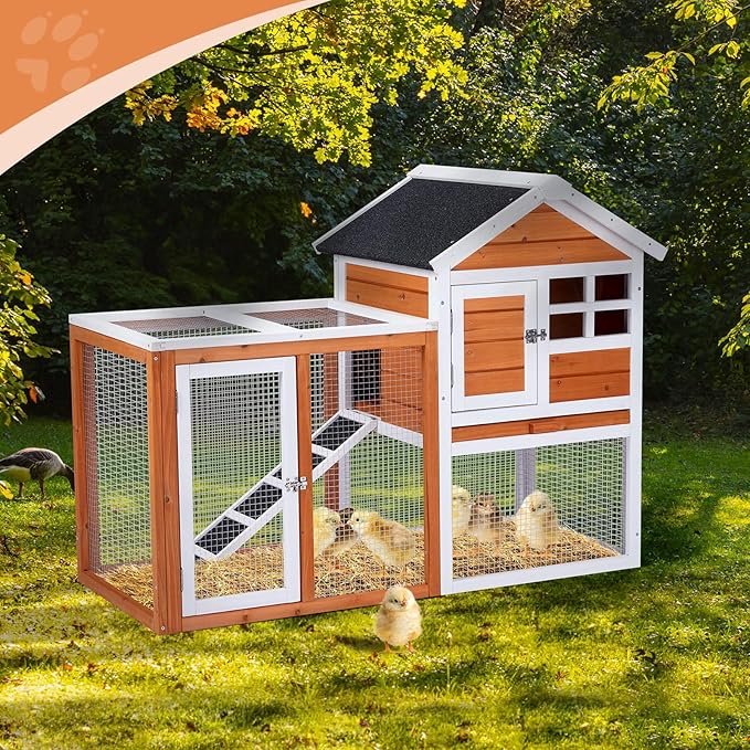 Outvita Rabbit Hutch, Small Wood Chicken Coop, 48" Guinea Pig Cage w/Pull-Out Tray, Waterproof Asphalt Roof, Chicken Run, Interactive Door for Small Animal Pen Outdoor