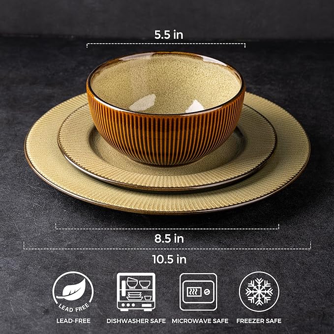 GBHOME Ceramic Dinnerware Sets,12 pcs Embossed Elegant Stoneware Plates and Bowls Sets, Housewarming Wedding Gift | Dishwasher & Microwave Safe | Dishes Set Service for 4