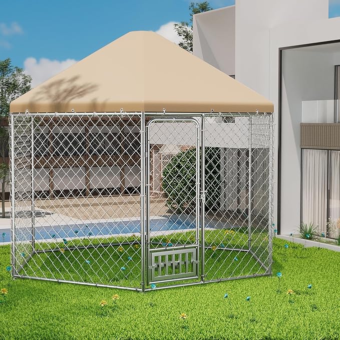 Outdoor Dog Kennel with Cover, Large Dog Run Fence House Big Cage Pen Enclosure, Heavy Duty Dogs Play Cage Pen Kennel (110" L x 95" W x 92.8" H)