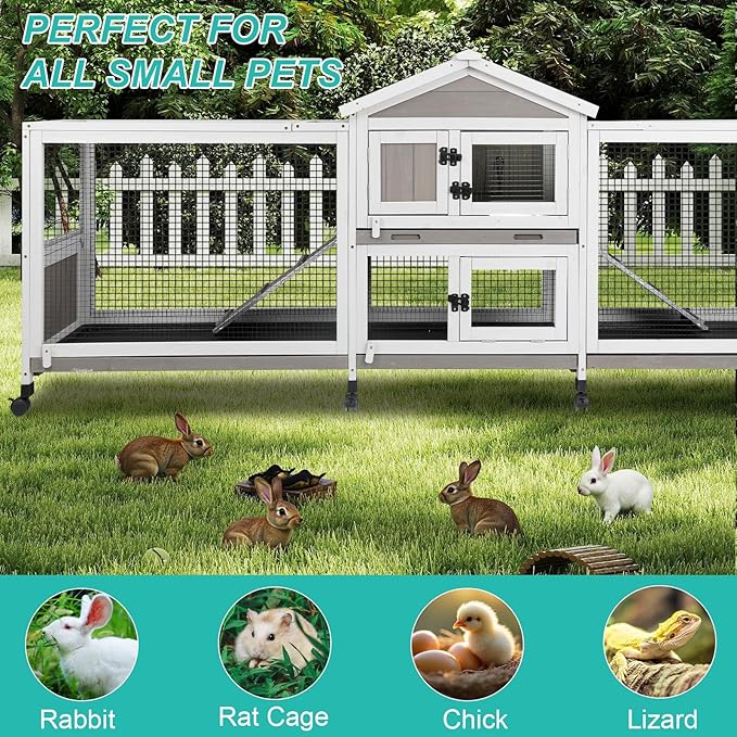 2-Tier Rabbit Hutch with Wheels, Indoor & Outdoor Small Animal Cage with Deep Pull-Out Tray, Anti-Chew Frame, Habitat for Bunny, Guinea Pig, Chinchilla (93" L x 19" W x 35" H)