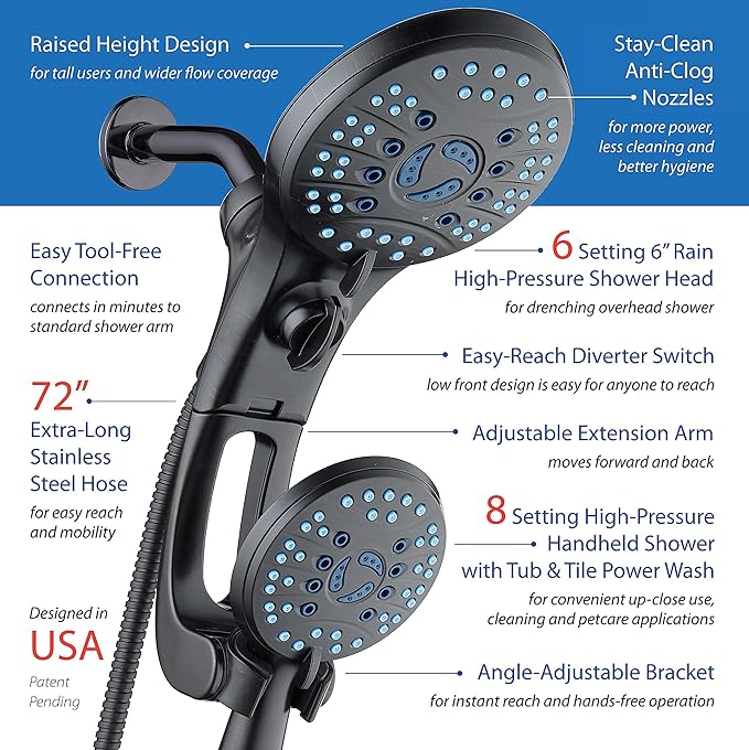 Hotel Spa AquaCare for California As-Seen-On-TV High Pressure Handheld Rain 50-mode 3-way Shower Head Combo with Adjustable Arm, Anti-clog Jets, Tub & Pet Power Wash, 6 ft. Hose, Rubbed Bronze