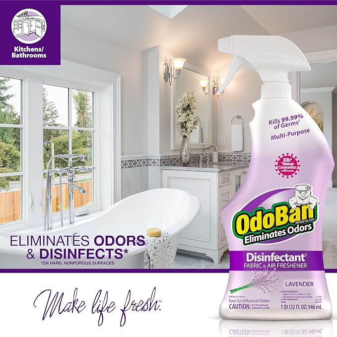 OdoBan Ready-to-Use Disinfectant and Odor Eliminator, Set of 3 Spray Bottles, Made in the USA, Original Eucalyptus and Lavender Scents, 32 Ounces Each