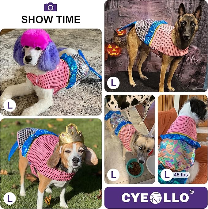 cyeollo Mermaid Dog Halloween Costumes Cute Dog Costume Sequin Birthday Party Pet Clothes Outfit Dressing Up Pet Costumes for Medium Dogs Size L