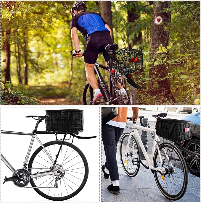 Aodaer Rear Bike Rack with Basket Quick Release Bike Rear Rack Heavy Duty Folding Bike Basket with Waterproof Bag & Cargo Net & Installation Tool