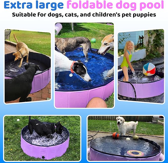 2025 Updated Foldable Dog Pool, 55" x 12" Kiddie Pool with Hard Plastic, Non-Slip Dog Bath Tub for Outdoor Backyard, Collapsible Dog Swimming Pool for Kids Dogs Pets (Pink)