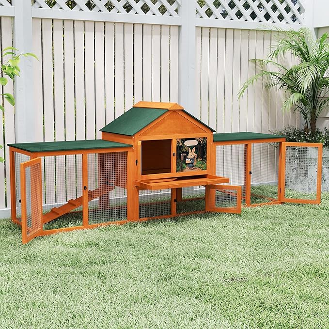 COZIWOW 82” Extra Large Fashion Wooden Outdoor Rabbit Hutch Bunny Cage Indoor Easy to Assemble and Durable with Cleaning Tray & Waterproof Roof for Small & Medium Bunny Rabbit Duck Chick (Orange)