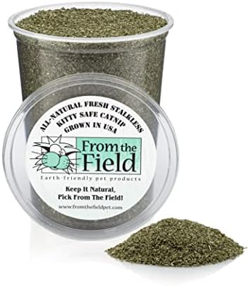 from The Field | Fine Ground Stalkless Catnip | Premium USA-Grown Catnip for Toys & Playtime | Fresh, Potent, Non-Toxic, Eco-Friendly | Safe for Kittens & Cats | Resealable 6 oz Tub