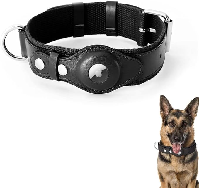 AirTag Dog Collar Soft Leather Webbing Dog Collar for AirTag Provides Double Protection for Small Medium and Large Dogs(Black,M)