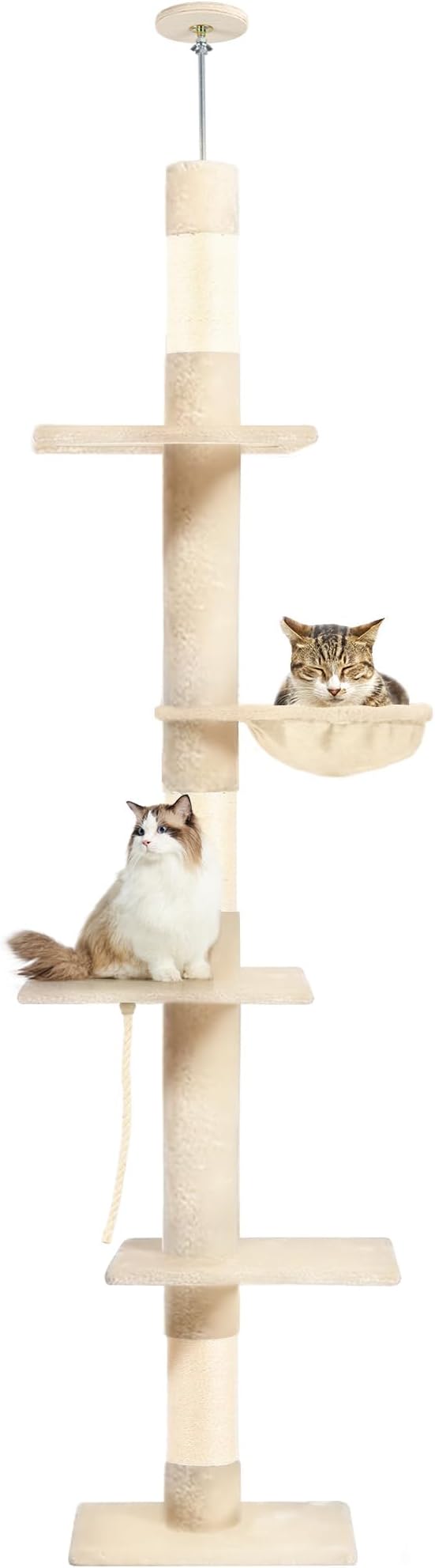 Cat Tree 5-Tier Floor to Ceiling, 89-109 Inch Adjustable Height Cat Tower with Cozy Hammock, Cat Climbing Tree for Indoor Cats, Beige