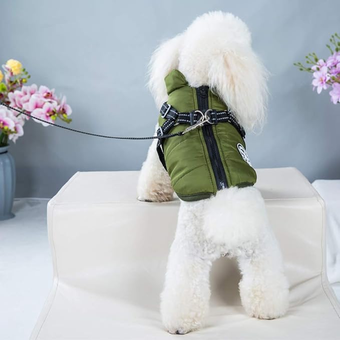 HDKUW Small Dog Jacket, Small Dog Coat Harness Winter Warm Vest Jacket Waterproof Cotton Costume for Puppy Small Dogs (M, Green)